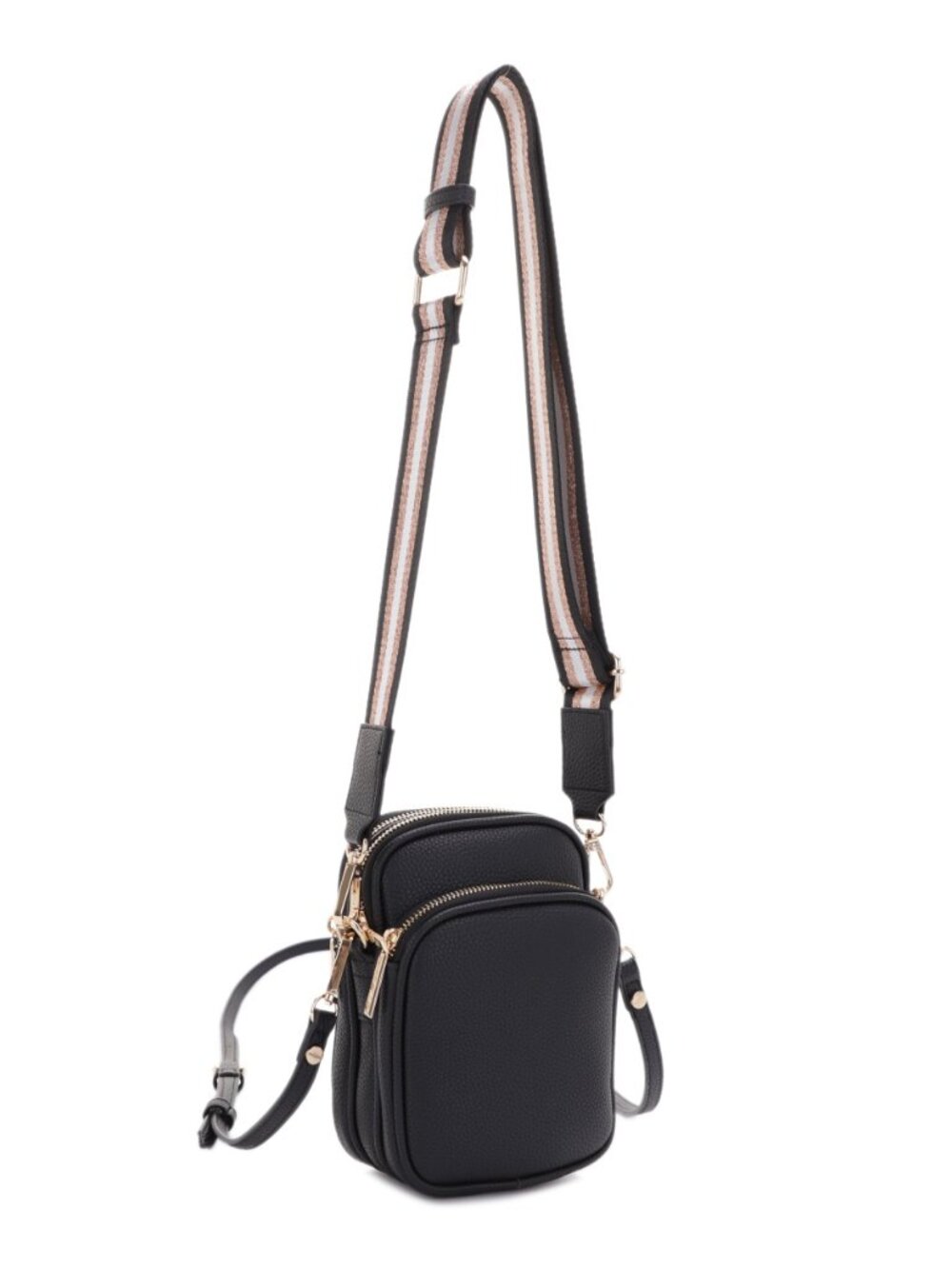 Anthropologie Mali + Lili Josie Triple Zip Crossbody Bag Black Gold Stripe Strap